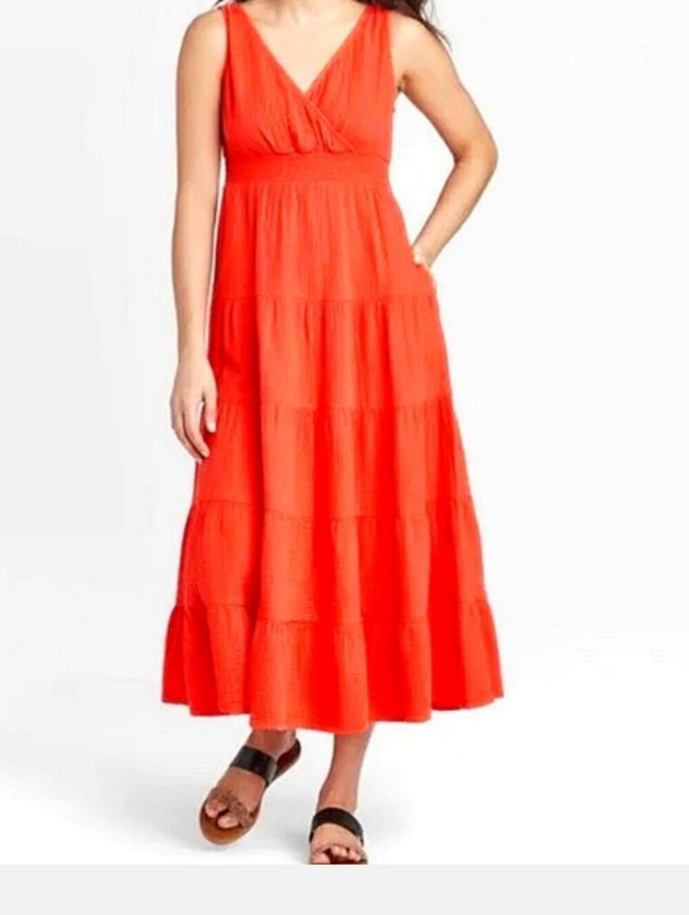 Universal Thread Sleeveless V-Neck Tiered Maxi Dress - Coral Red